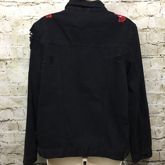 Ci Sono Black Jean Denim Rose Distressed Jacket - Picture 3 of 5